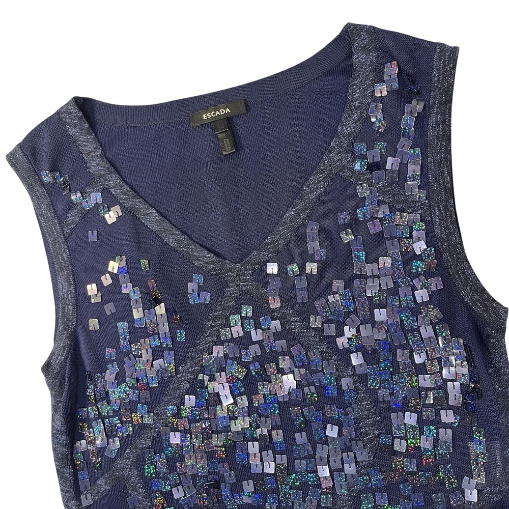 Vtg ESCADA Sequin Top Size 34 Sleeveless V-neck Blue Stretch Designer‎ Classic